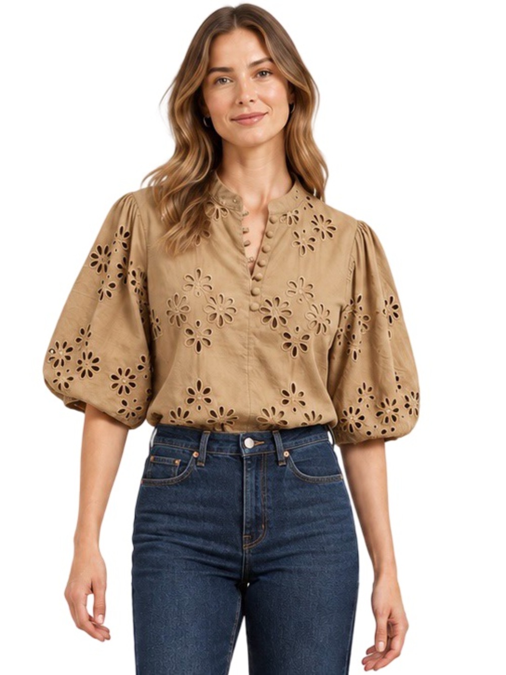 NWT Ann Taylor Cotton Eyelet Pleated Sleeve Popover Baguette Small Tall
